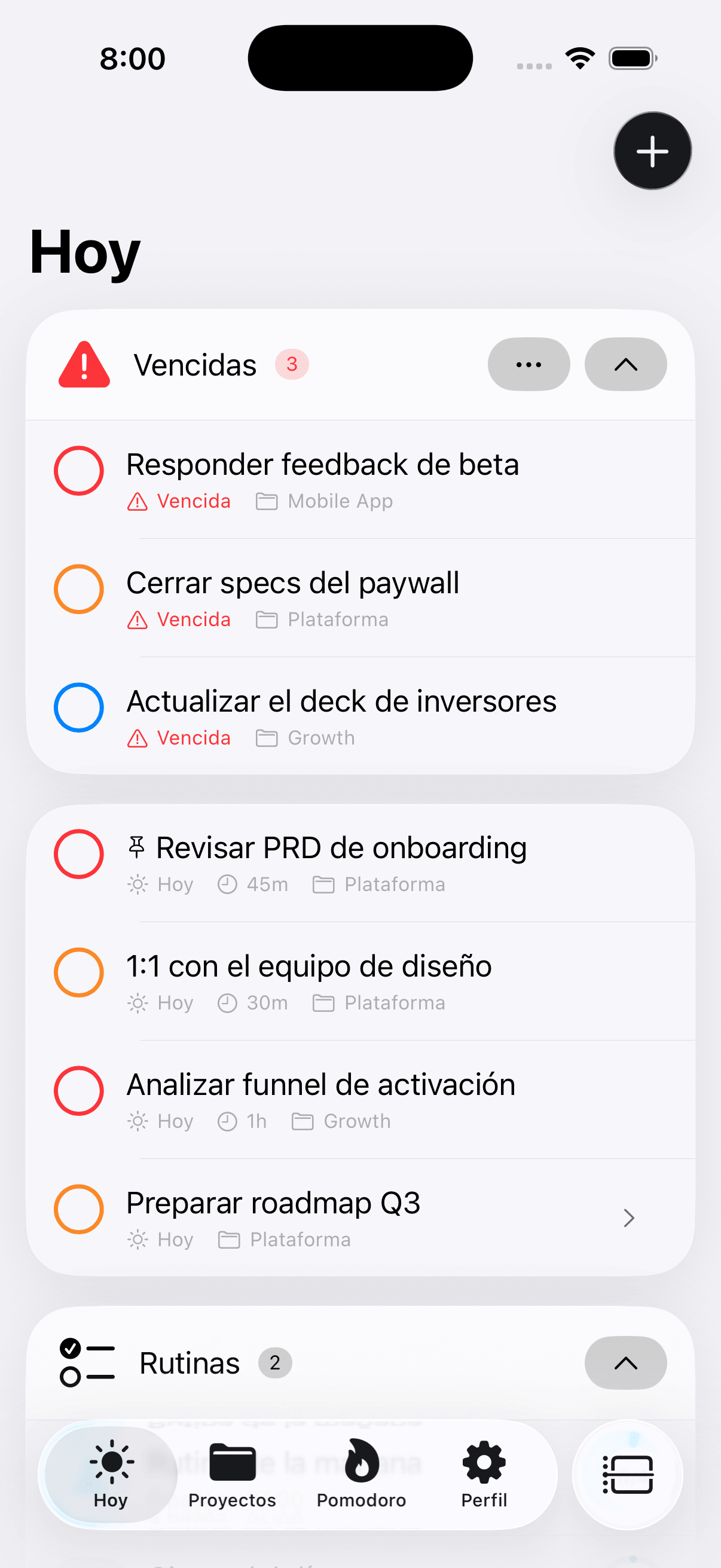 Pantalla Hoy con las tareas del día